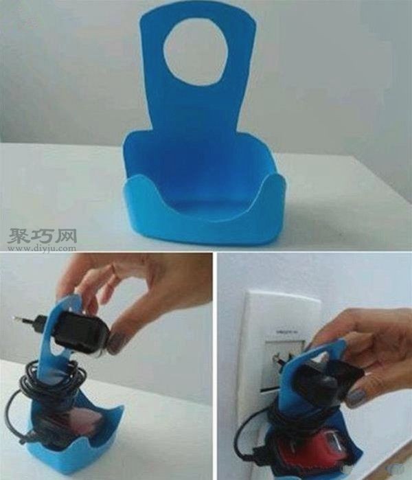 Plastic bottles transformed into charging storage racks for mobile phones, razors and other small appliances