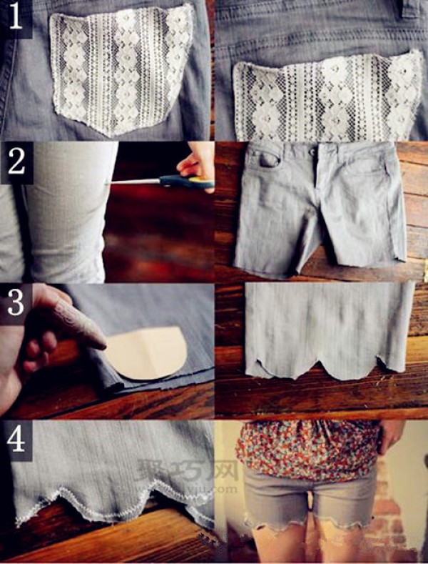 How to transform old jeans into lace shorts. Teach you four steps to DIY jeans into shorts.