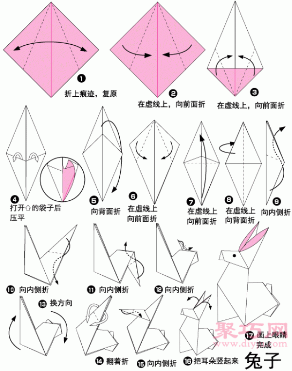 Illustrated tutorial on how to fold an origami rabbit. Teach you how to make an origami rabbit.