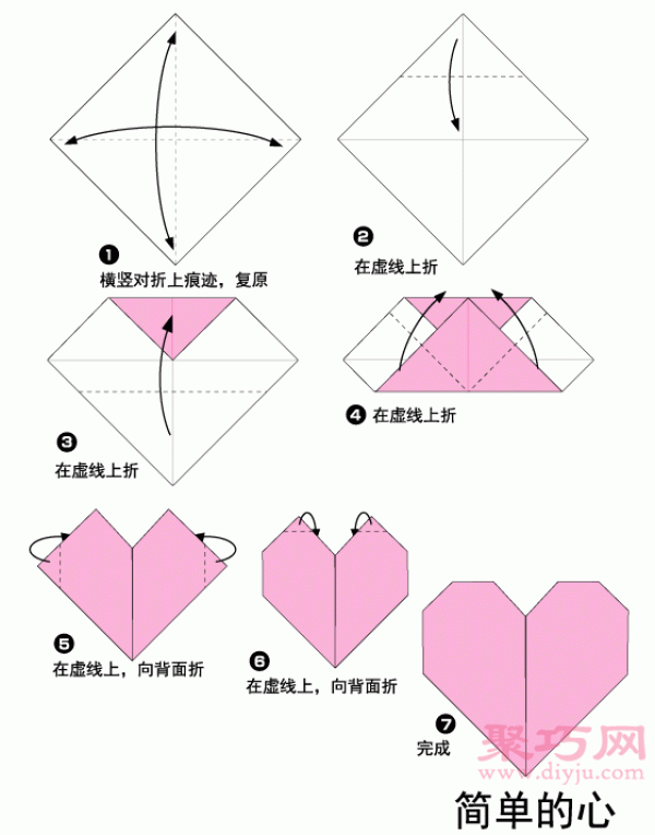 Illustration of the steps for making a simple origami heart by hand. How to make a simple origami heart.