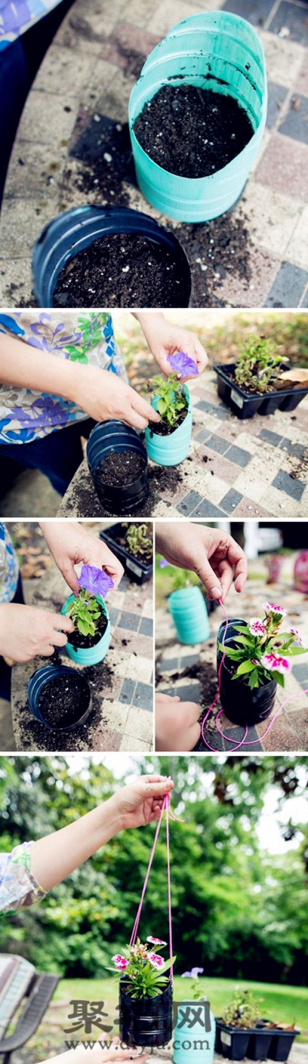 Use old items to transform beverage bottles into potted plants. Make stylish hanging flower pots out of beverage bottles.