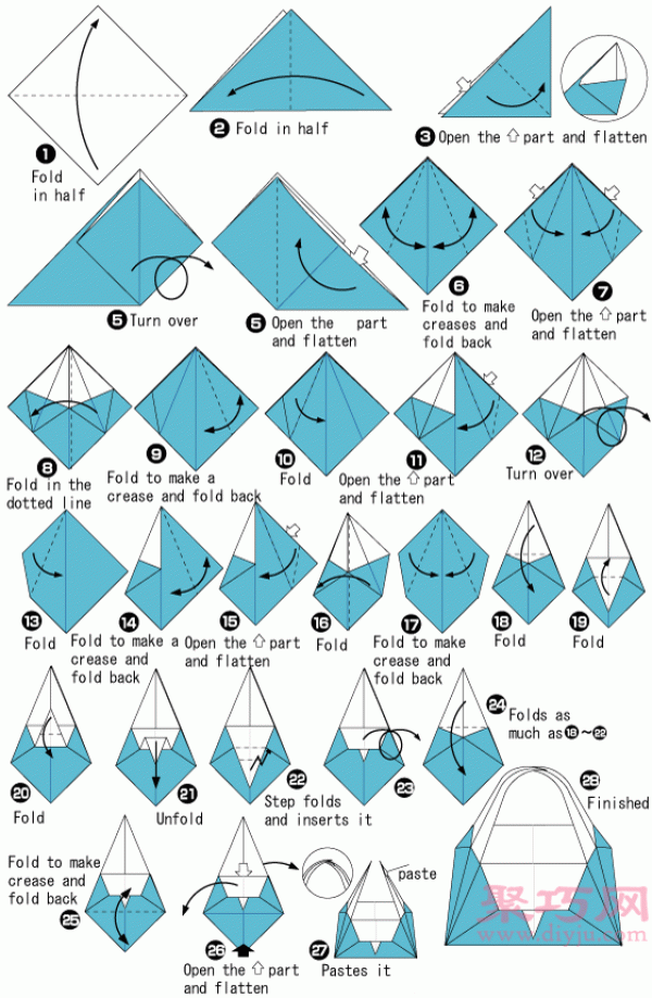 Illustration of steps for making origami basket. How to fold origami basket.