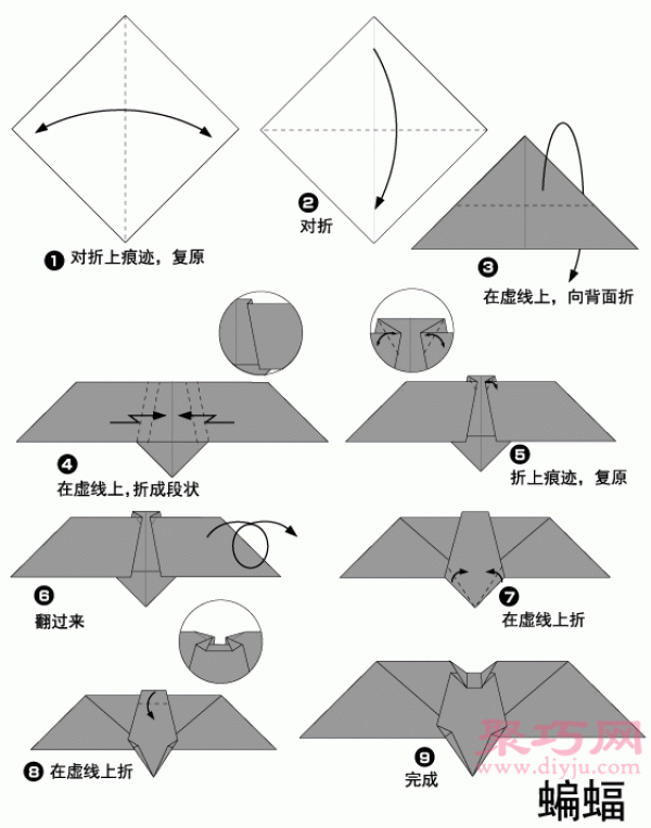 Illustration of steps for making origami bats. How to fold origami bats.