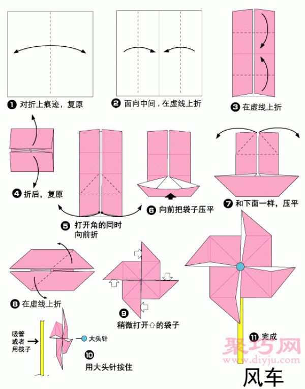 Illustration of the steps for making an origami windmill. How to fold an origami windmill.