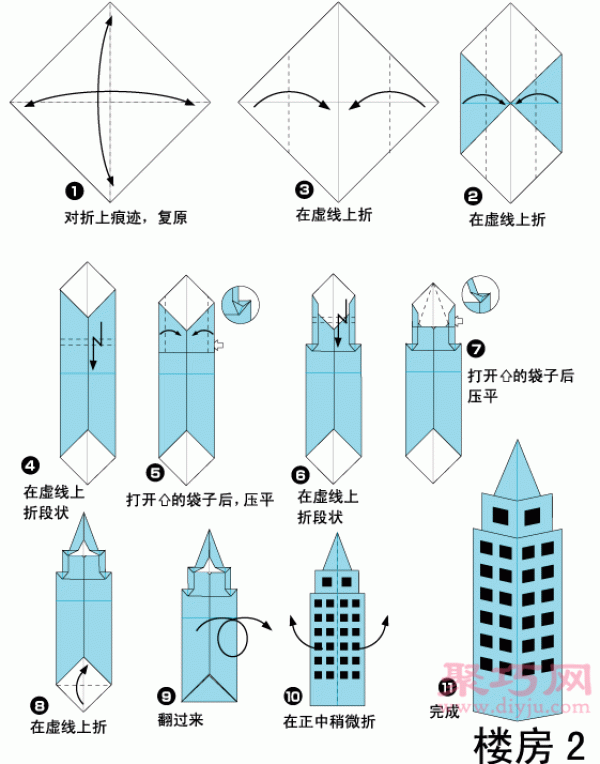 Illustration of folding a building. Teach you how to fold a paper building.