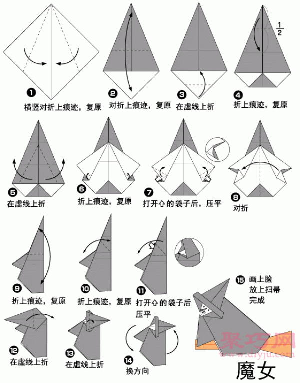 Origami witch tutorial Illustration of witchs folding method