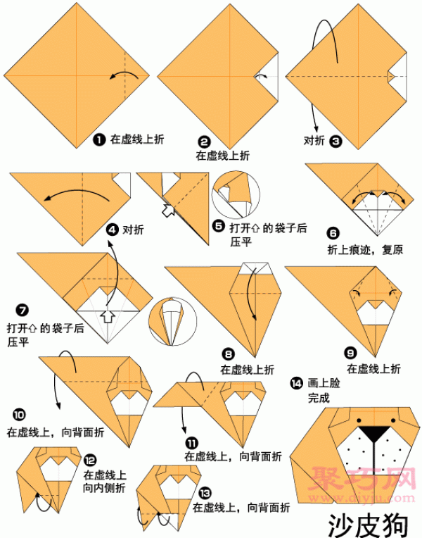 Illustration of how to fold a Shar-Pei dog. Teach you how to fold a Shar-Pei dog.