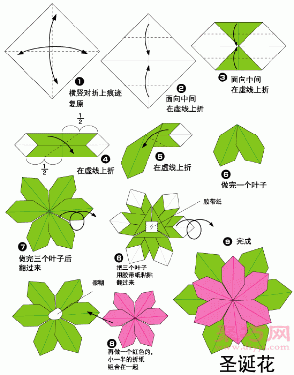 Illustrated tutorial on folding Christmas flowers. Teach you how to fold paper Christmas flowers.