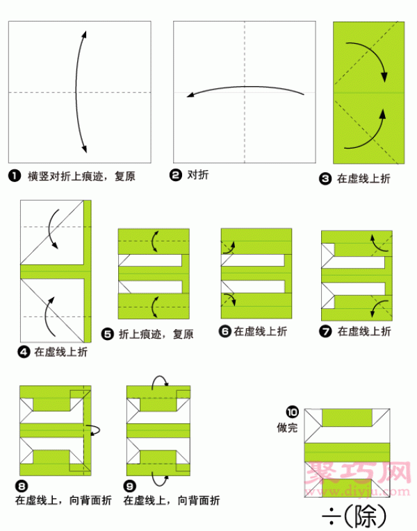 Manual origami division sign tutorial Illustration of how to fold the division sign