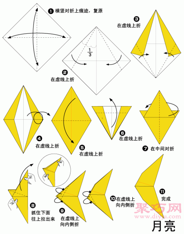 Illustration of steps for making origami moon. How to fold origami moon.