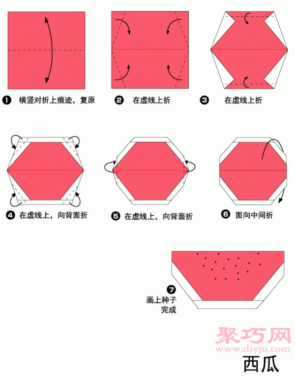 Illustration of steps for making origami watermelon. How to fold origami watermelon.