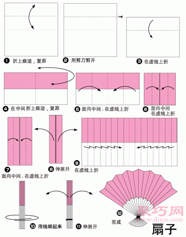 Illustration of the steps of making an origami fan. How to fold an origami fan.