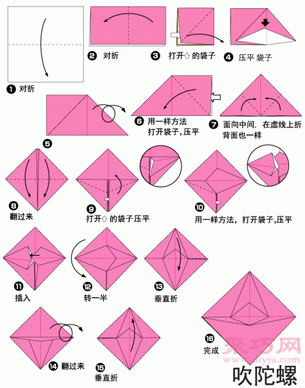 Illustration of the steps of hand-made origami blowing top. How to fold origami blowing top