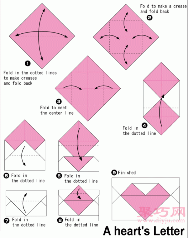 Tutorial on handmade origami heart-shaped envelopes. Illustration of folding heart-shaped envelopes.