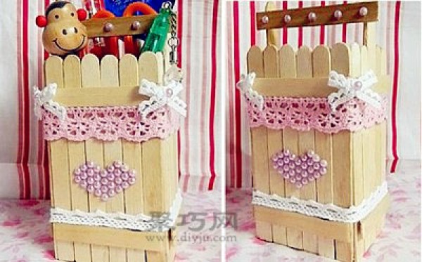 Ice cream sticks turn waste into treasures simple pen holder DIY practical storage box for ice cream sticks