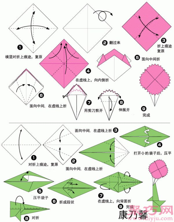 A complete tutorial on simple handmade origami of carnations