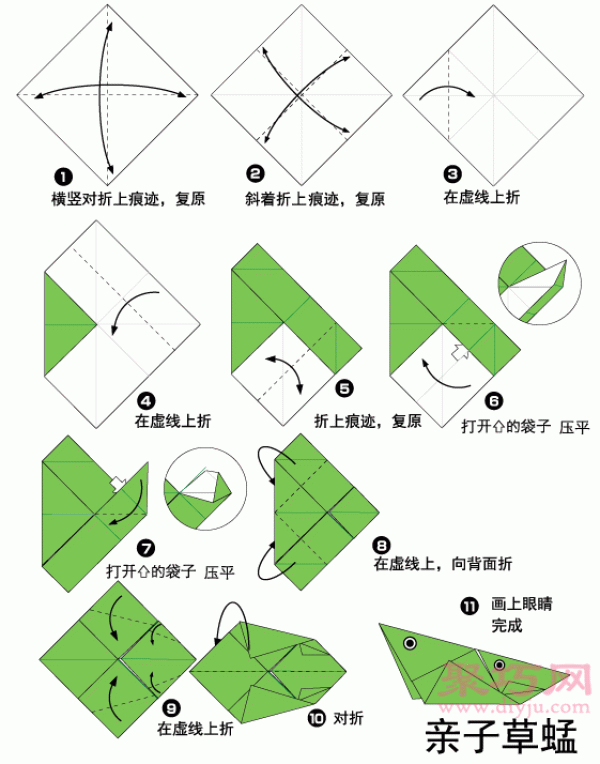 Illustration of steps to make origami grasshopper. How to fold origami grasshopper.