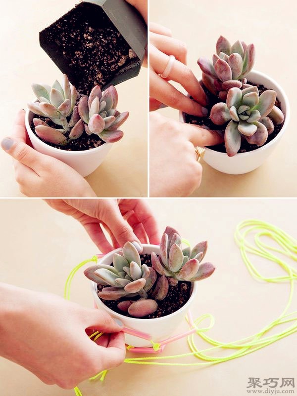 Illustration of tutorial on hand-woven succulent potted hanging basket with straws