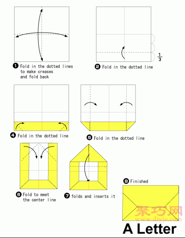 Illustration of the steps of making a simple origami envelope by hand. How to fold a simple origami envelope.