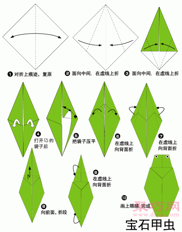 Illustration of steps for making origami beetles. How to fold origami beetles.