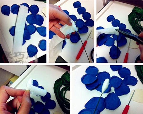 Illustration of how to fold a blue rose Tutorial on how to fold a blue rose with crepe paper