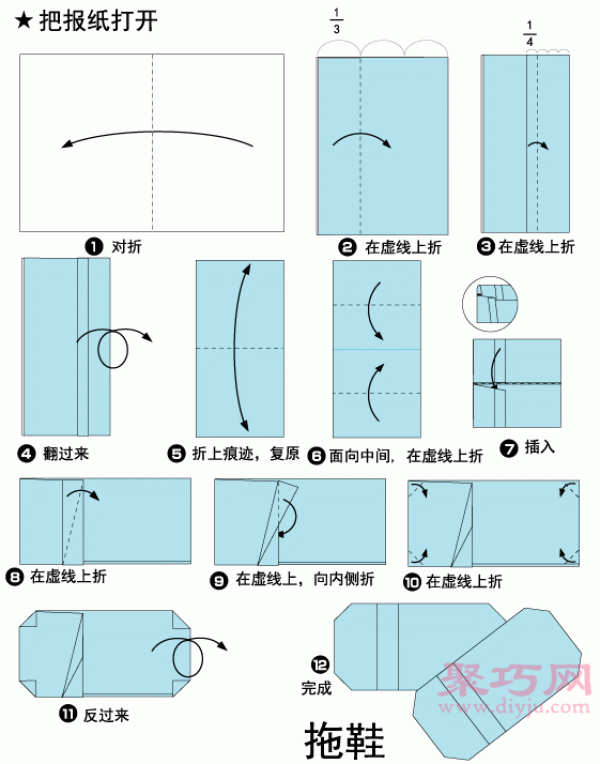 Illustration of the steps of handmade origami slippers. How to fold newspaper origami slippers.