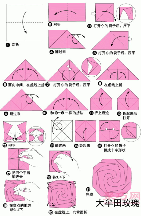 Illustration of steps for making origami roses. How to fold origami roses.