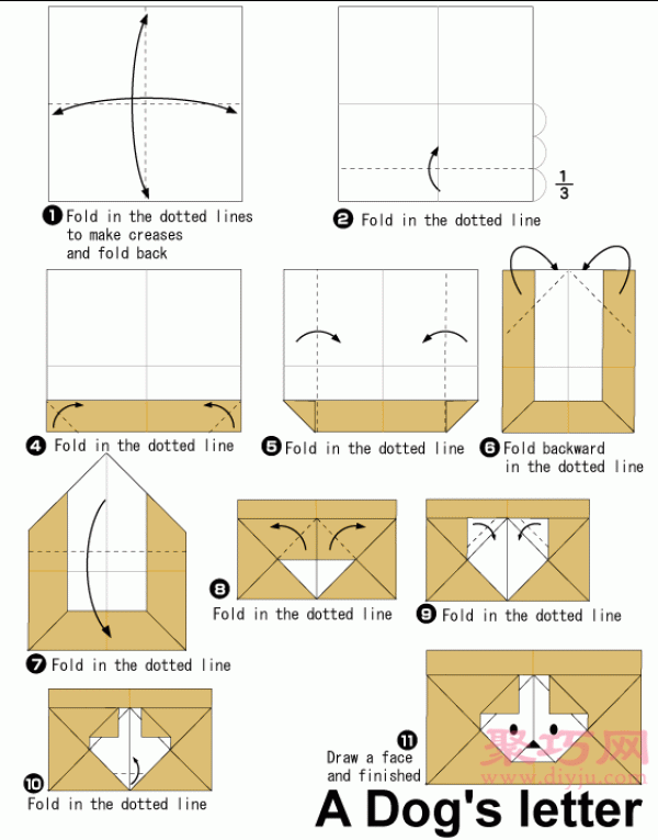 Illustration of the steps to make an origami puppy envelope. How to fold an origami puppy envelope.