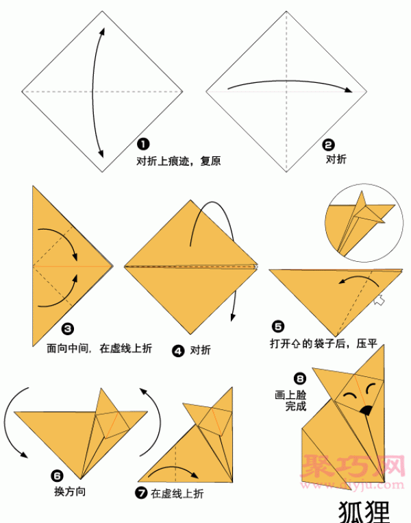 Origami fox tutorial, illustration of how to fold a fox