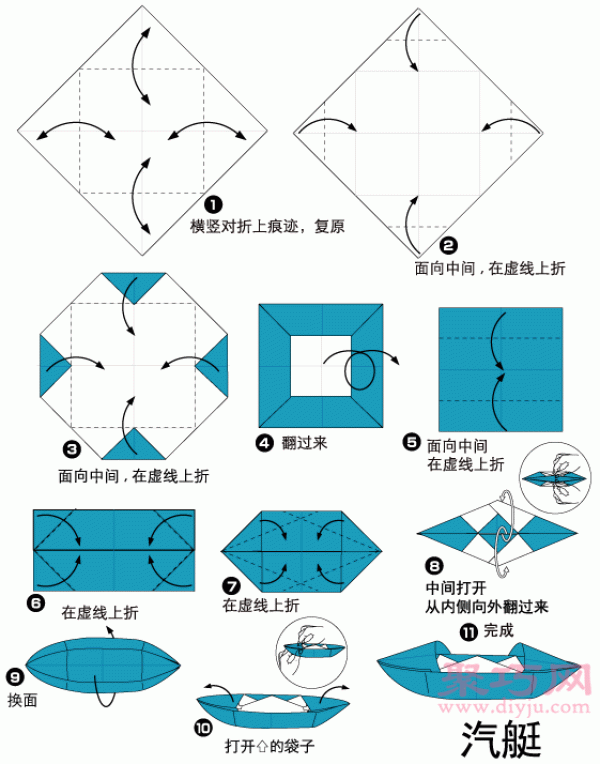 Illustration of the steps of hand-made origami awning boat. How to fold the origami awning boat.