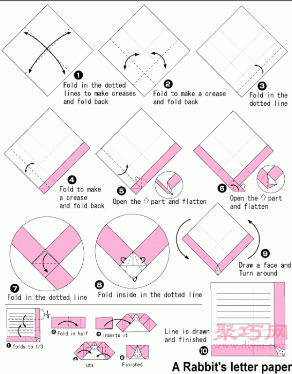 Tutorial on handmade origami bunny notes. Illustration of how to fold a bunny note.