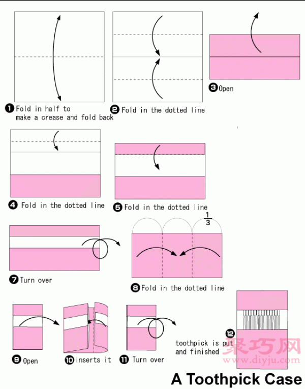 Tutorial on handmade origami toothpick bag. Illustration of how to fold a toothpick bag.