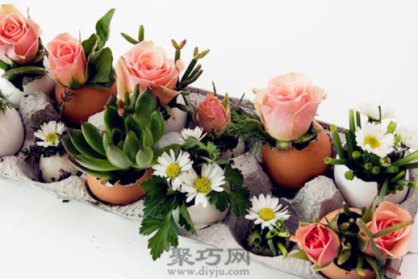 The wonderful use of egg shells. Handmade egg shell green plants in small pots.