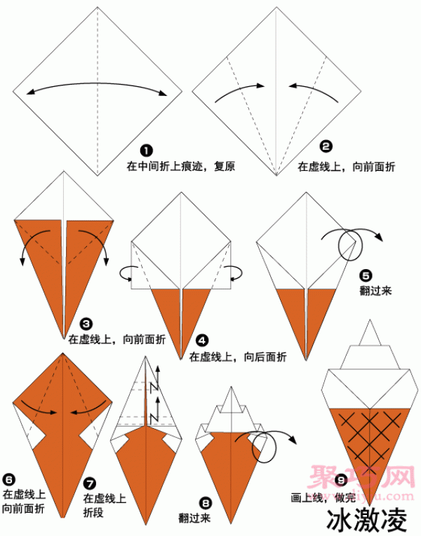 Illustration of the steps for making origami ice cream. How to fold origami ice cream.