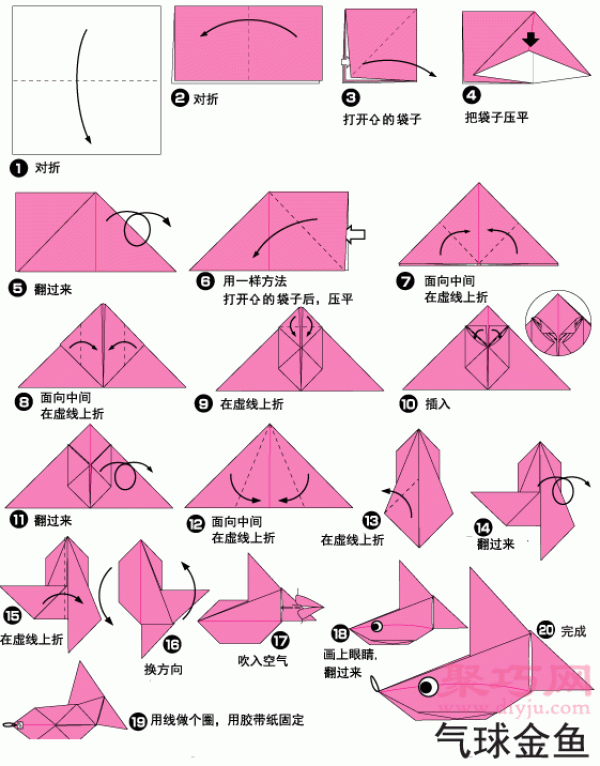 Illustration of steps to make origami goldfish. How to fold origami goldfish.