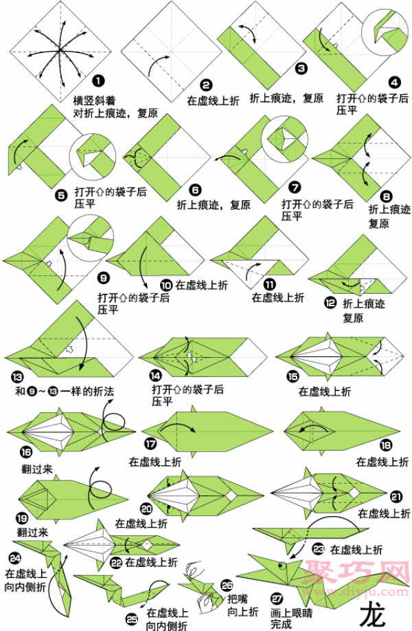 Illustration of the steps of making an origami dragon by hand. How to fold an origami dragon.