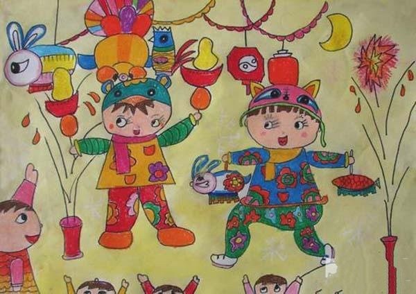 Pictures of childrens paintings celebrating the Spring Festival: carrying lanterns and setting off fireworks