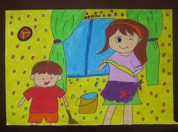 I help my mother sweep the floor. Womens Day childrens painting pictures