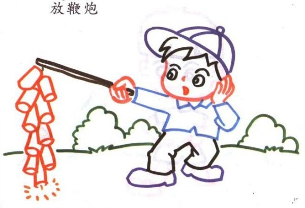 Children learn to draw characters. Little boy setting off firecrackers