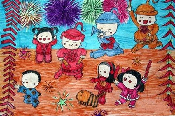 Childrens drawings of happy New Year scenes