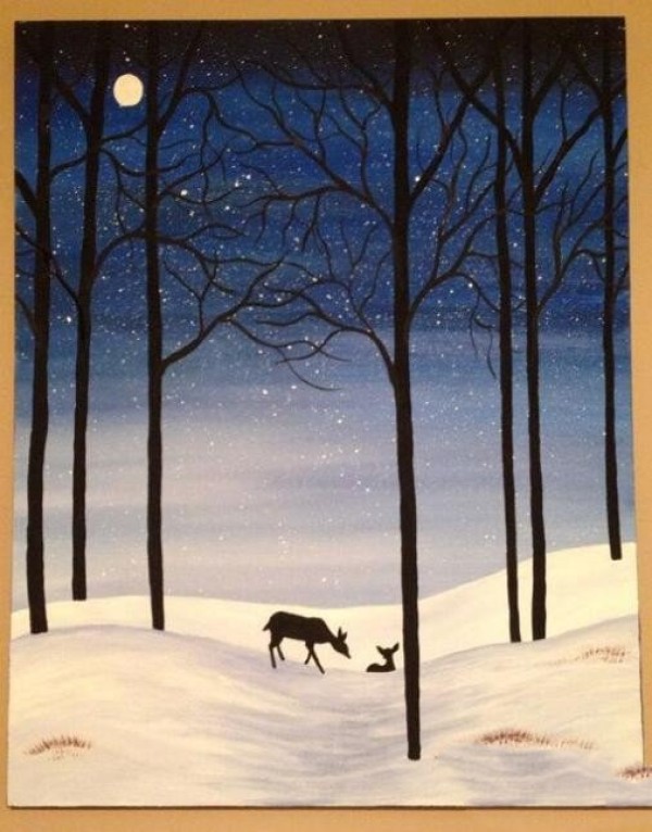 Childrens painting of a deer in the snow. Winter painting works to share.