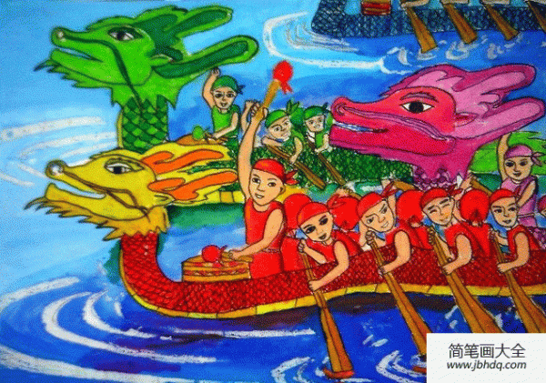 Happy festival childrens drawing-lets race dragon boats together