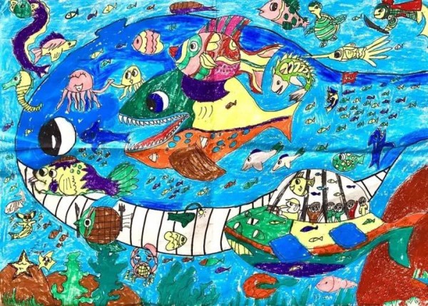 Award-winning childrens paintings on the theme of underwater world