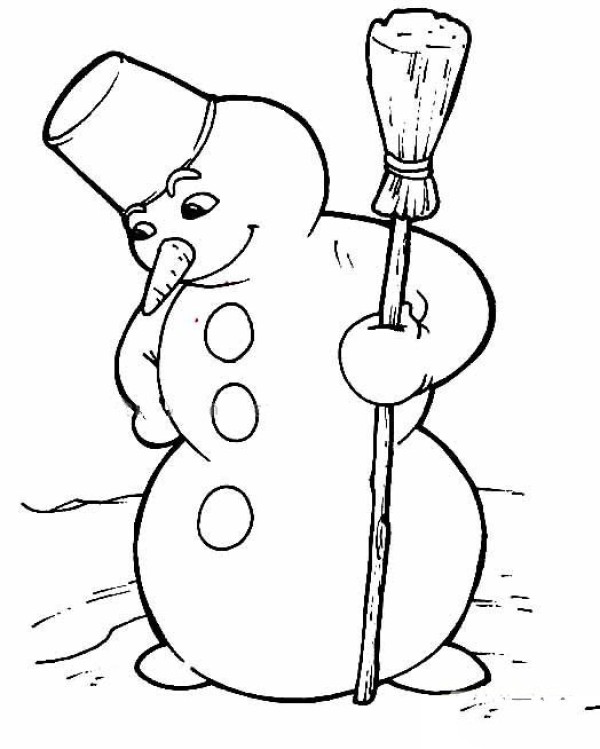 Simple drawing of snowman holding a broom