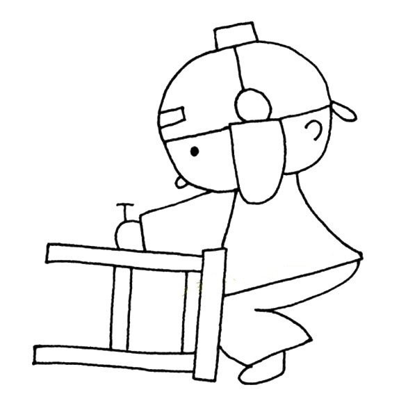 Simple drawing of a little boy repairing a stool