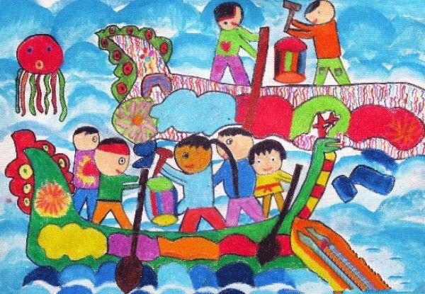 Dragon Boat Festival Childrens Drawing-Work Together to Race Dragon Boats