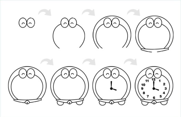 Simple drawing of Doraemon alarm clock including step diagrams