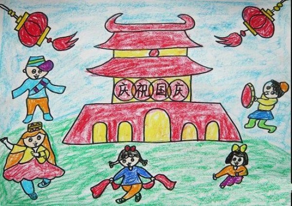 Childrens drawings celebrating National Day - singing and dancing in front of Tiananmen Square