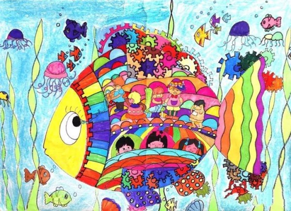 Award-winning childrens paintings on the theme of underwater world