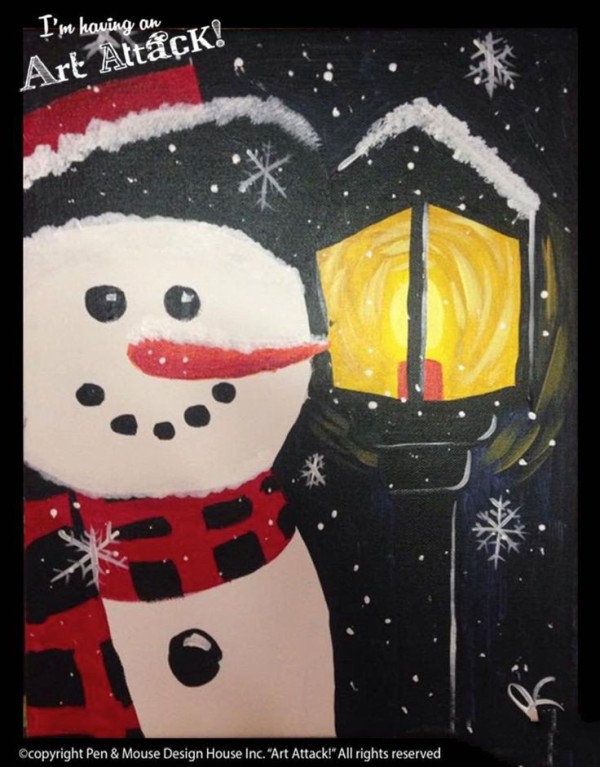 Appreciation of winter-themed oil paintings of snowmen and street lamps